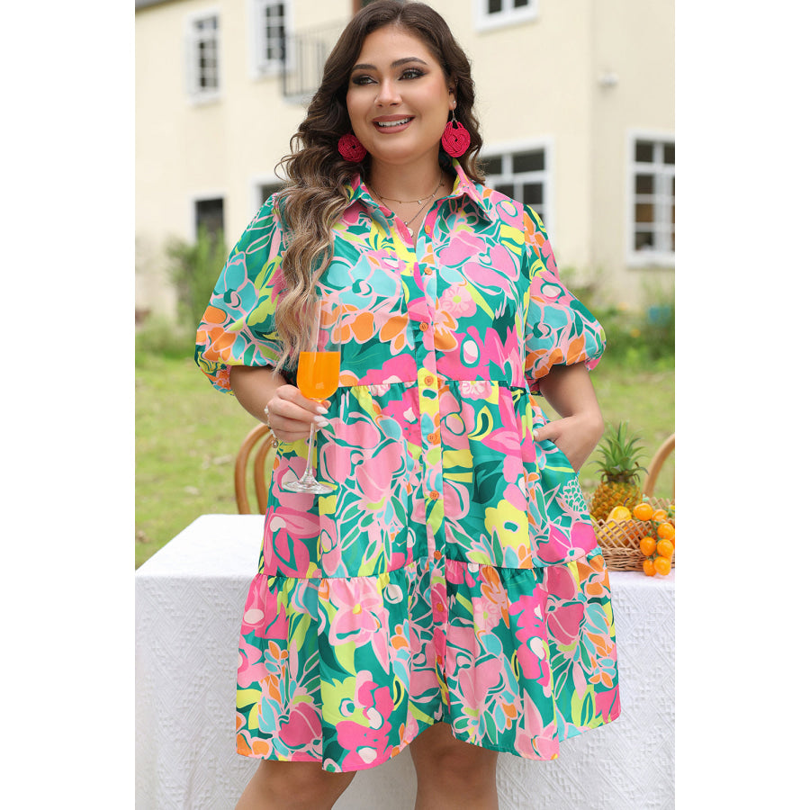 Green Plus Floral Print Puff Sleeve Tiered Shirt Dress Plus Size/Plus Size Dresses/Plus Size Mini Dresses