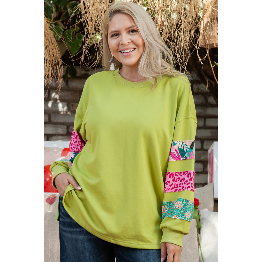Green Plus Size Printed Patchwork Sleeve Split Sweatshirt Green / 1X / 65% Polyester + 35% Cotton Sale (50% OFF)/Sale (50% OFF)