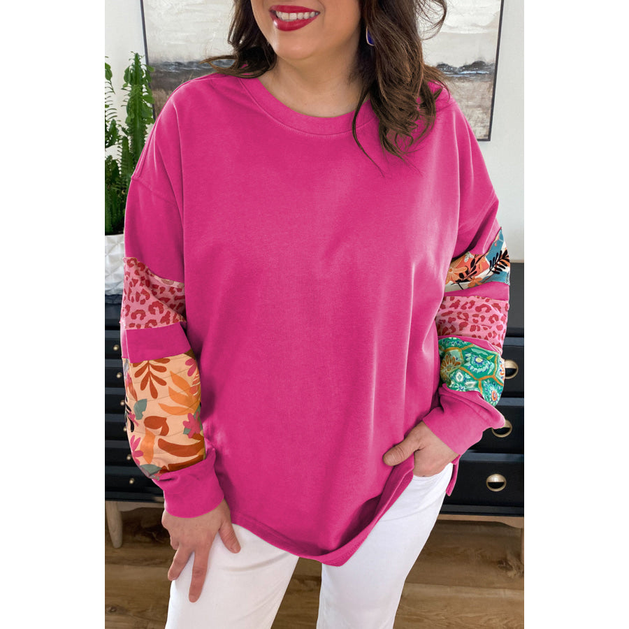 Green Plus Size Printed Patchwork Sleeve Split Sweatshirt Rose Red / 1X / 65% Polyester + 35% Cotton Sale (50% OFF)/Sale OFF)