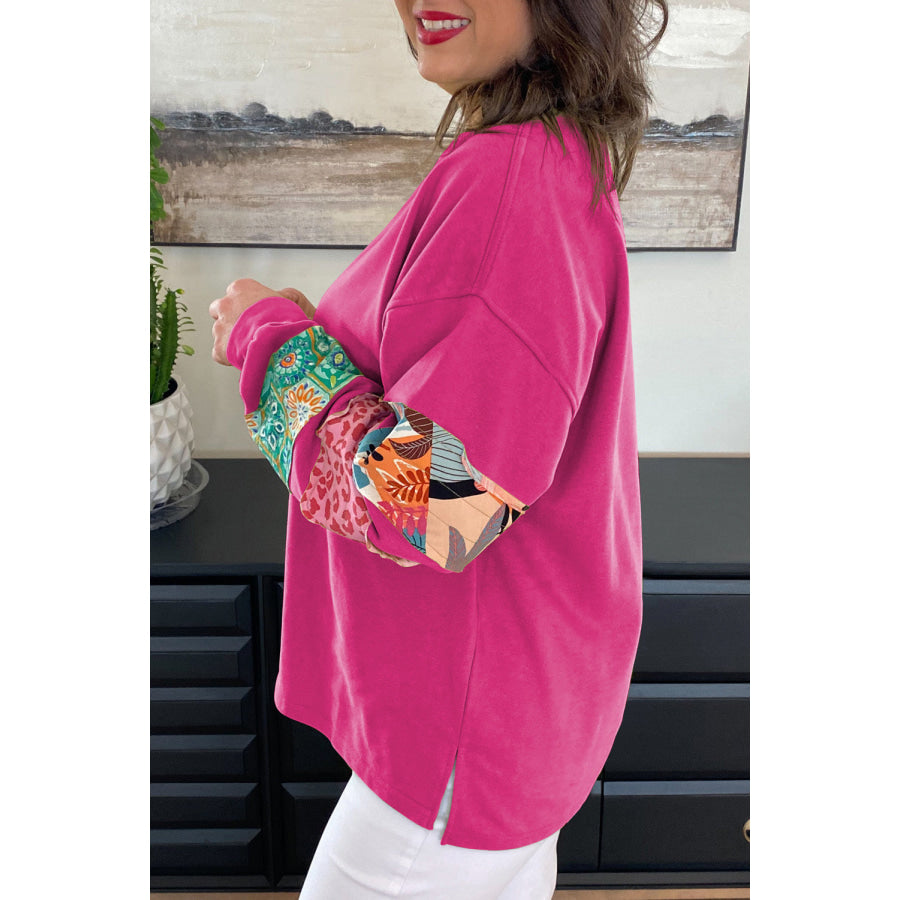 Green Plus Size Printed Patchwork Sleeve Split Sweatshirt Sale (50% OFF)/Sale OFF)