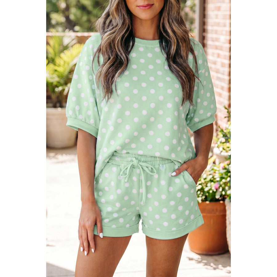 Green Polka Dot Oversized Top Drawstring Short Set Green / S / 95% Polyester + 5% Elastane Two Piece Sets/Short Sets
