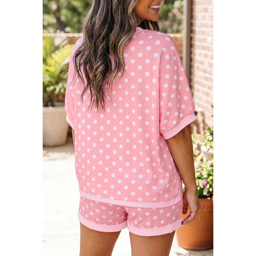 Green Polka Dot Oversized Top Drawstring Short Set Two Piece Sets/Short Sets