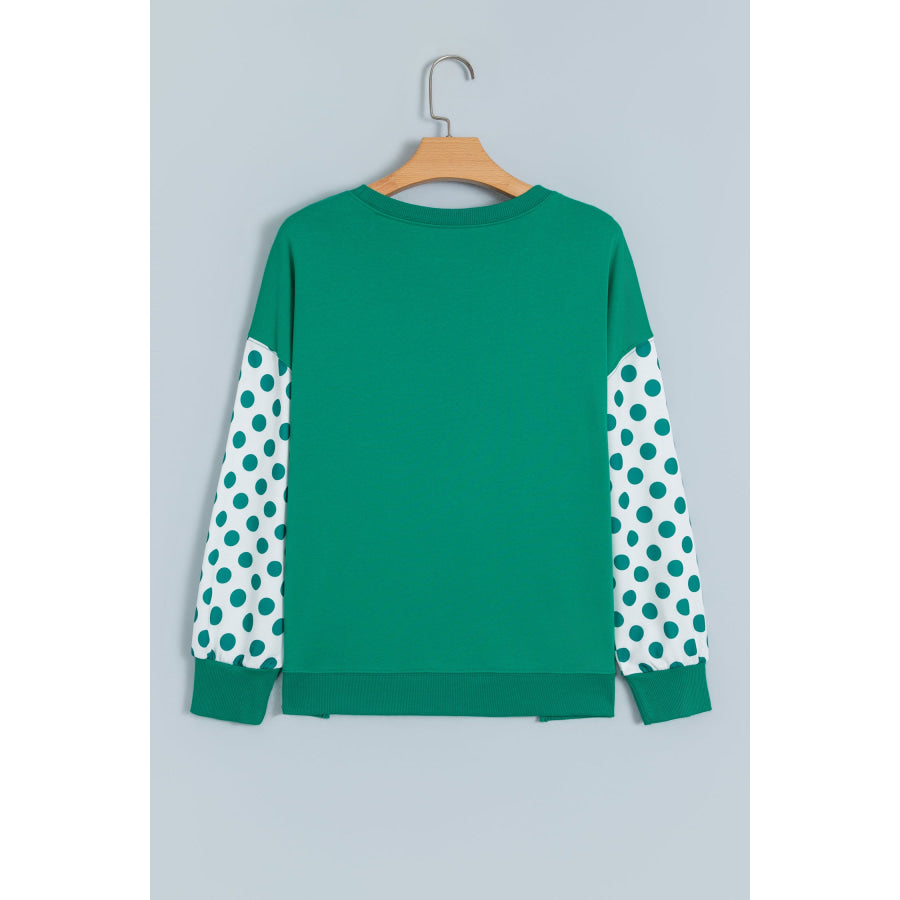 Green Polka Dot Patchwork Sleeve Crew Neck Loose Pullover Sweatshirt Tops/Sweatshirts & Hoodies