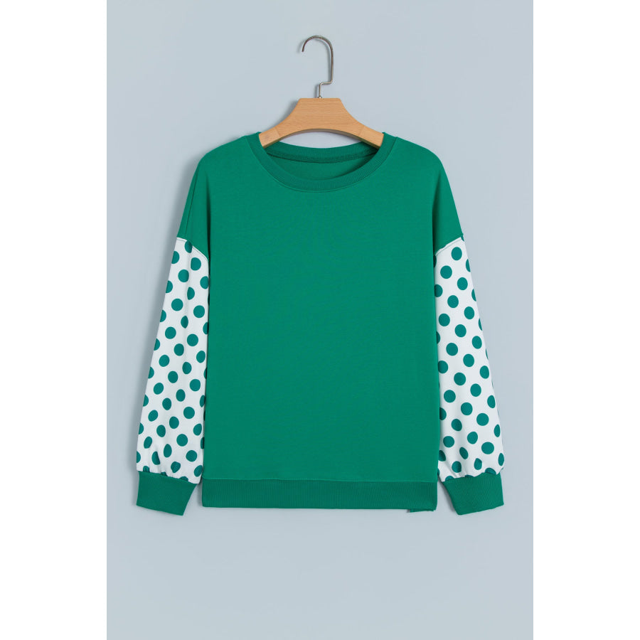 Green Polka Dot Patchwork Sleeve Crew Neck Loose Pullover Sweatshirt Tops/Sweatshirts & Hoodies