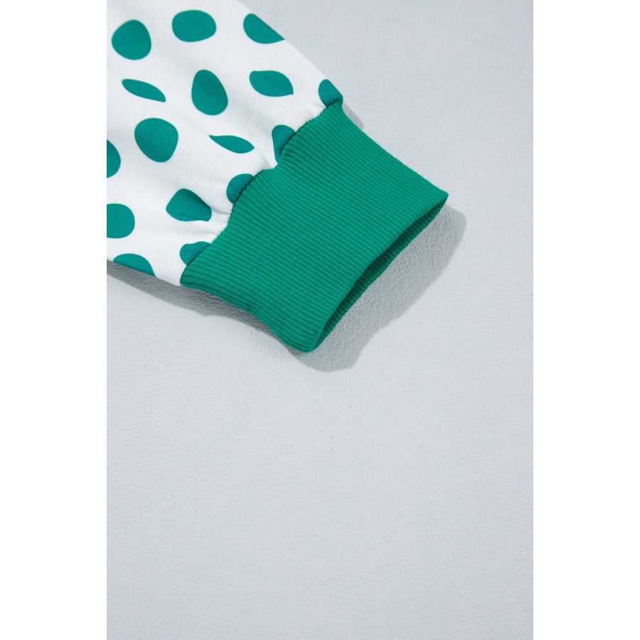 Green Polka Dot Patchwork Sleeve Crew Neck Loose Pullover Sweatshirt Tops/Sweatshirts & Hoodies