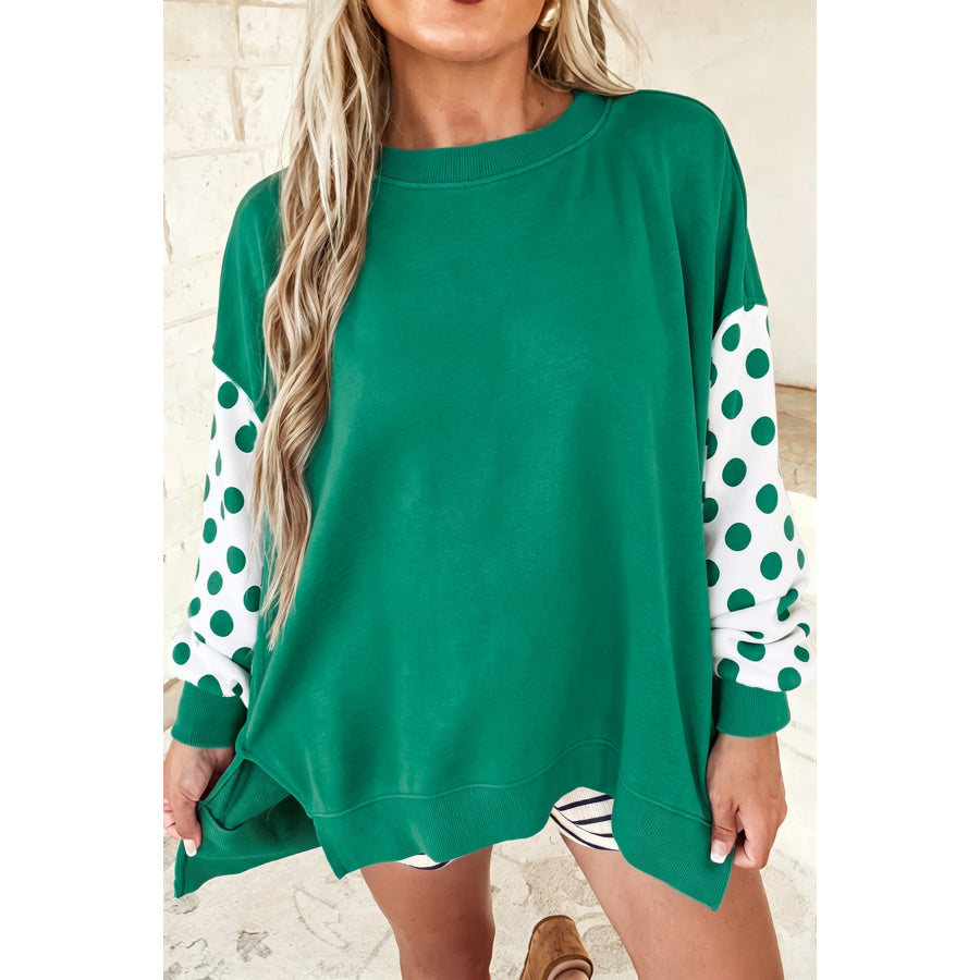Green Polka Dot Patchwork Sleeve Crew Neck Loose Pullover Sweatshirt Tops/Sweatshirts & Hoodies