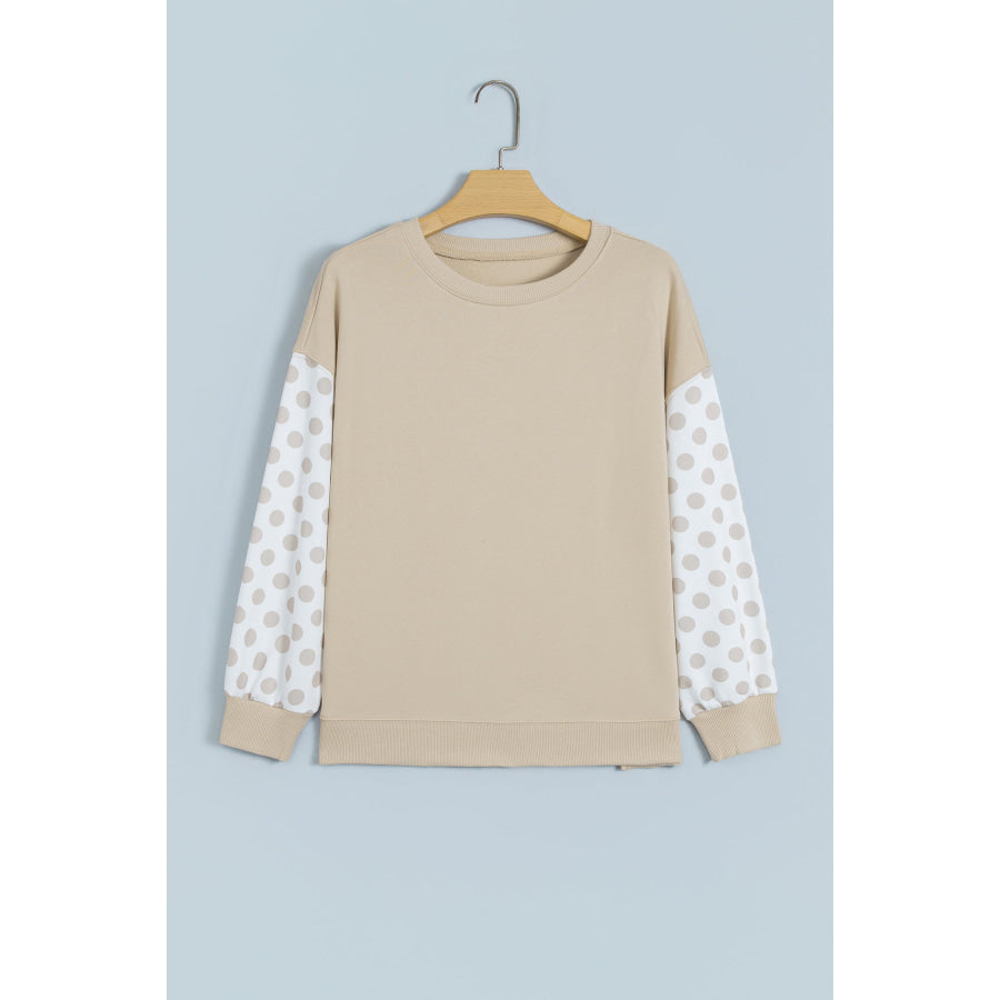 Green Polka Dot Patchwork Sleeve Crew Neck Loose Pullover Sweatshirt Tops/Sweatshirts & Hoodies