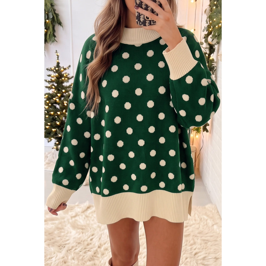 Green Polka Dot Pattern Ribbed Colorblock Trim Split Tunic Sweater / S Sweaters & Cardigans/Sweaters