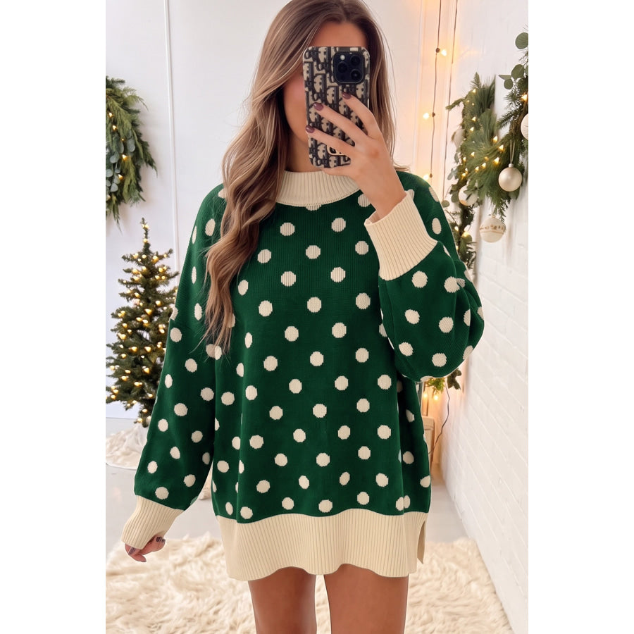 Green Polka Dot Pattern Ribbed Colorblock Trim Split Tunic Sweater Sweaters & Cardigans/Sweaters