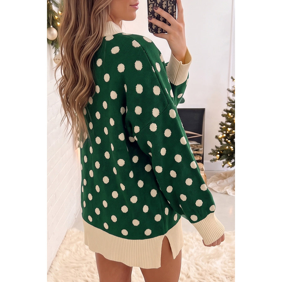 Green Polka Dot Pattern Ribbed Colorblock Trim Split Tunic Sweater Sweaters & Cardigans/Sweaters