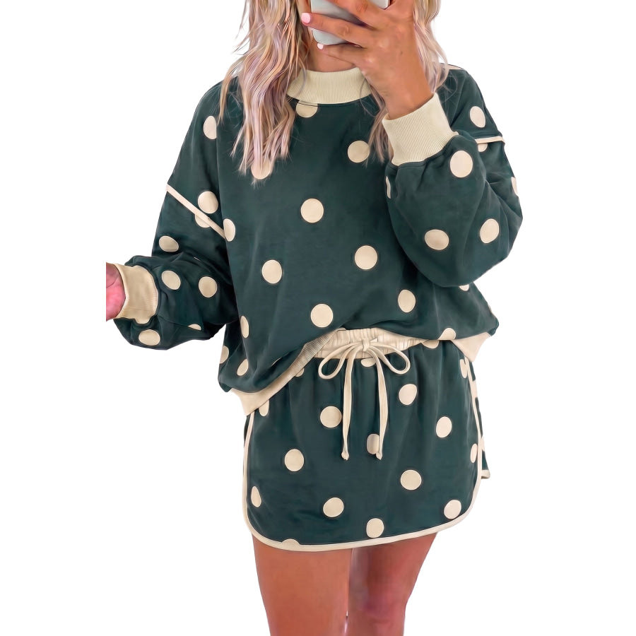 Green Polka Dot Print Color Block Trim Baggy Pullover Drawstring Skirt 2pcs Set Two Piece Sets/Two Piece Dresses