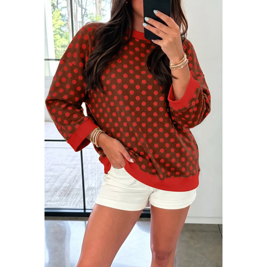 Green Polka Dot Print Contrast Trim Round Neck Bracelet Sleeve Top Brown / S Tops/Long Tops