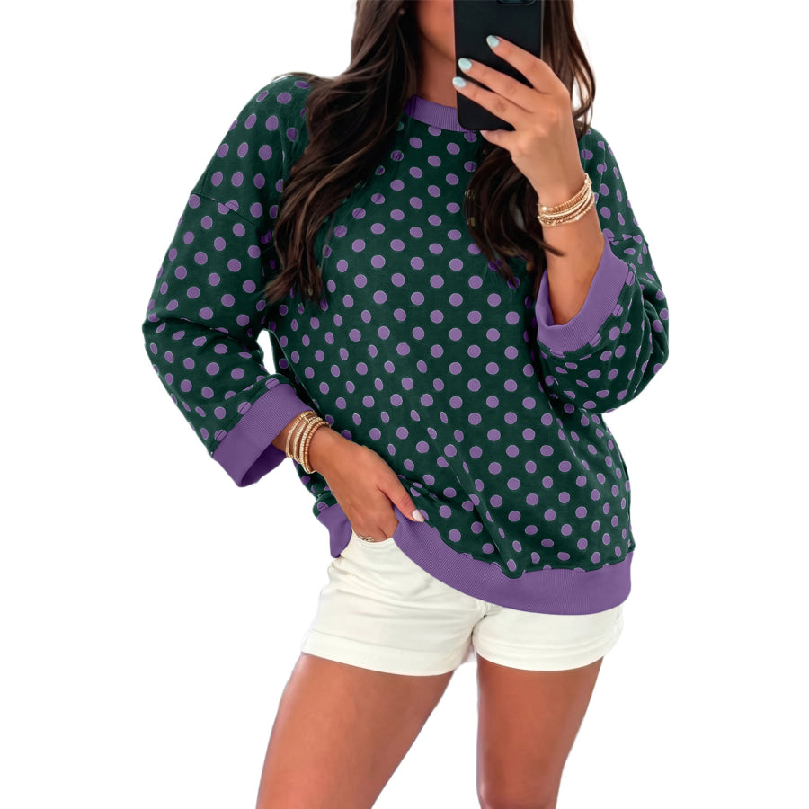 Green Polka Dot Print Contrast Trim Round Neck Bracelet Sleeve Top Tops/Long Tops