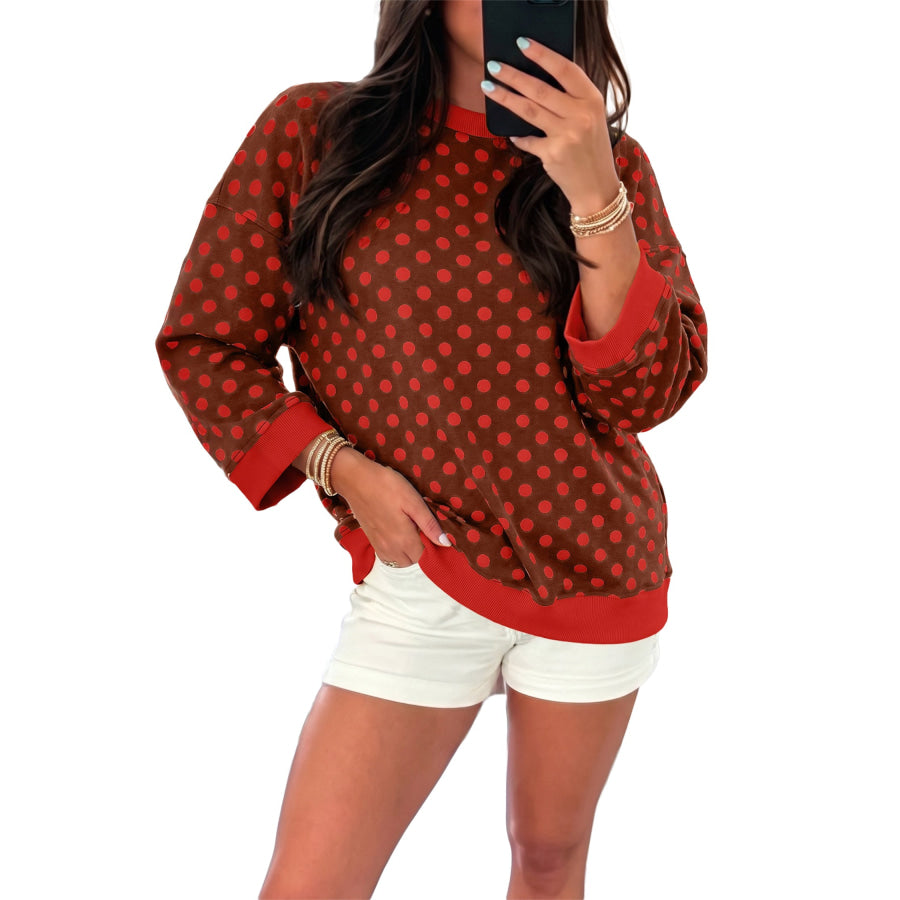 Green Polka Dot Print Contrast Trim Round Neck Bracelet Sleeve Top Tops/Long Tops