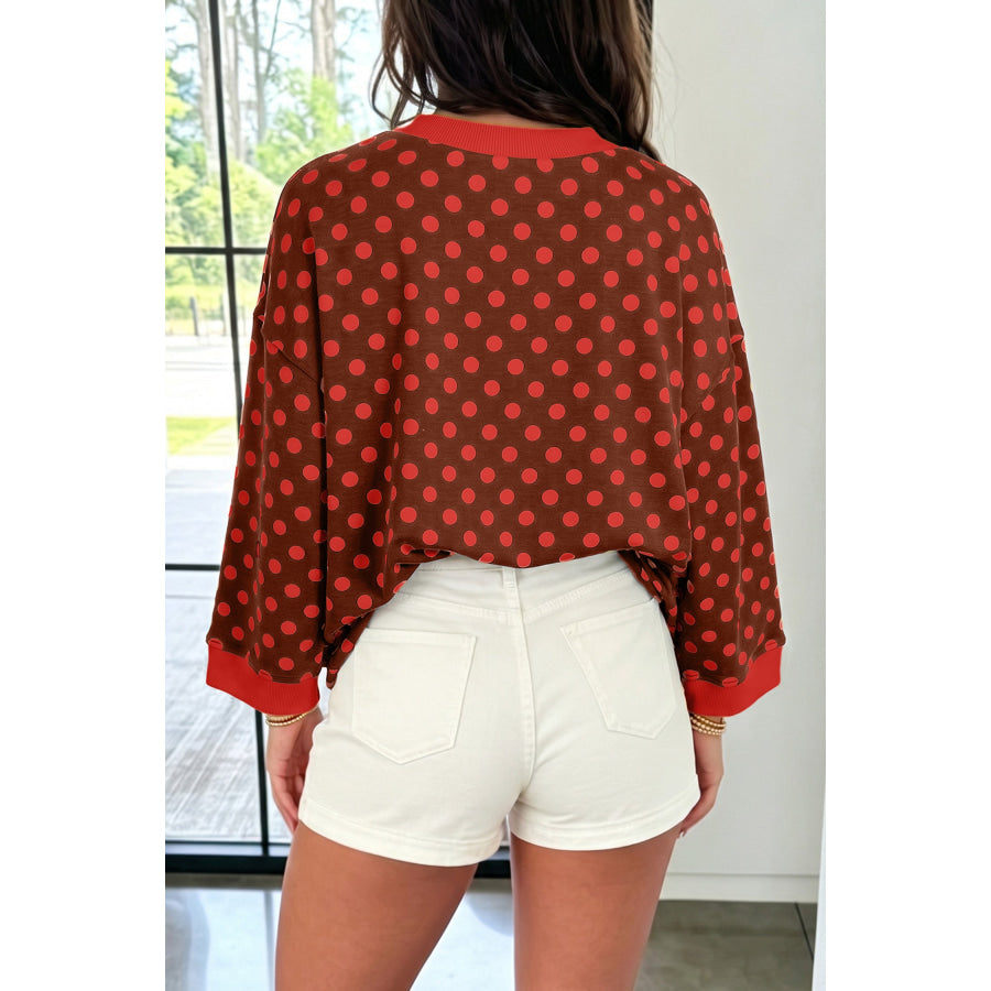 Green Polka Dot Print Contrast Trim Round Neck Bracelet Sleeve Top Tops/Long Tops