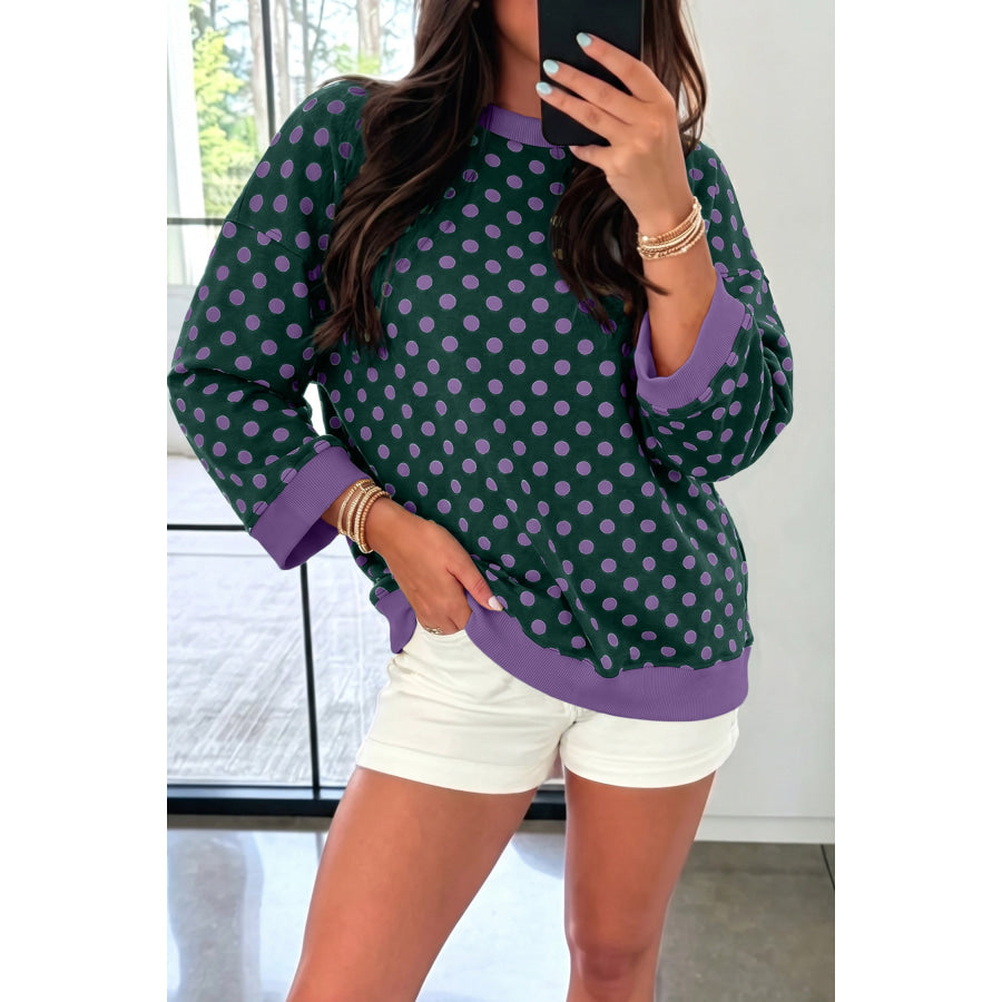 Green Polka Dot Print Contrast Trim Round Neck Bracelet Sleeve Top Tops/Long Tops