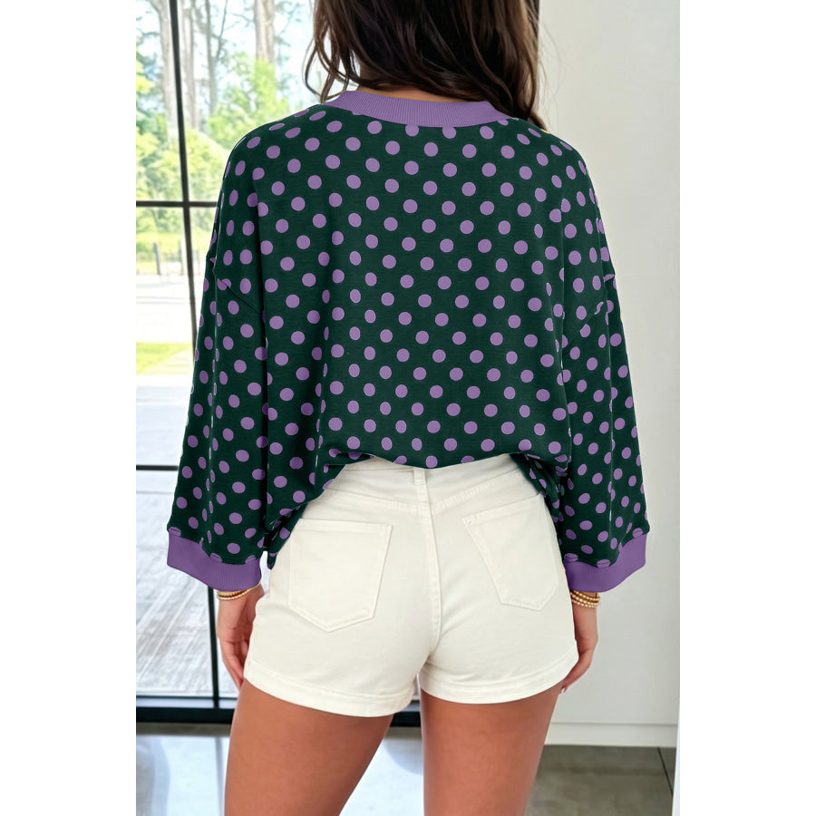 Green Polka Dot Print Contrast Trim Round Neck Bracelet Sleeve Top Tops/Long Tops