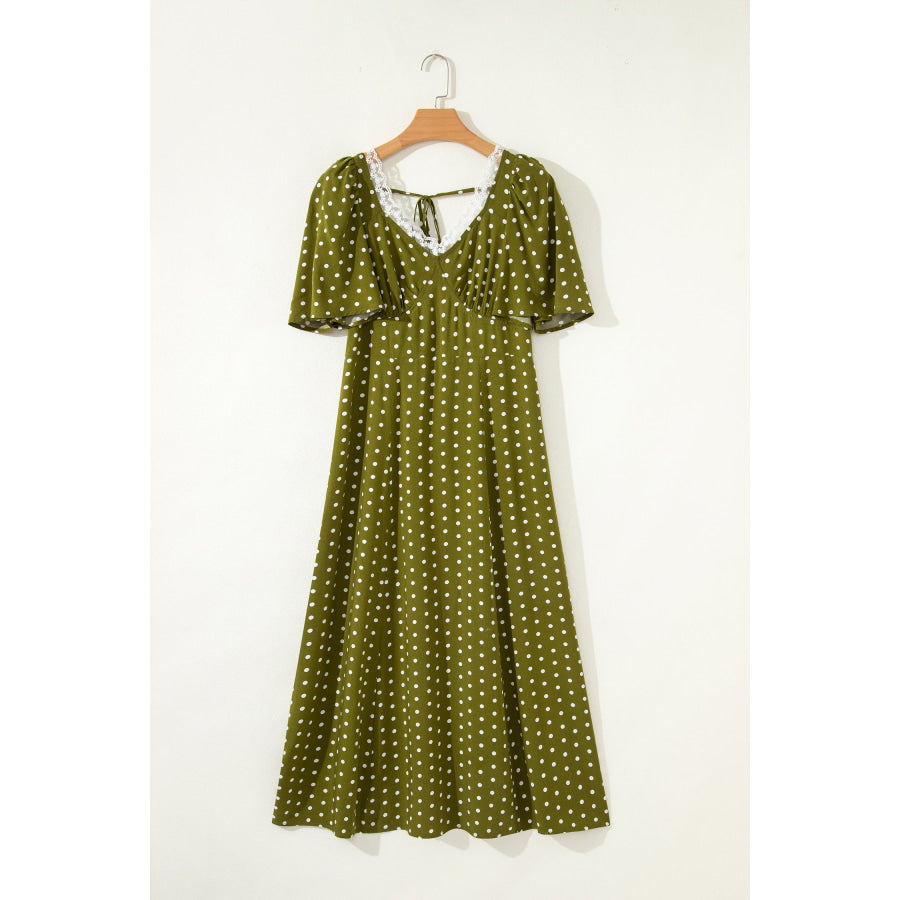Green Polka Dot Print Lacy Neckline Smocked High Waist Maxi Dress Dresses/Maxi Dresses