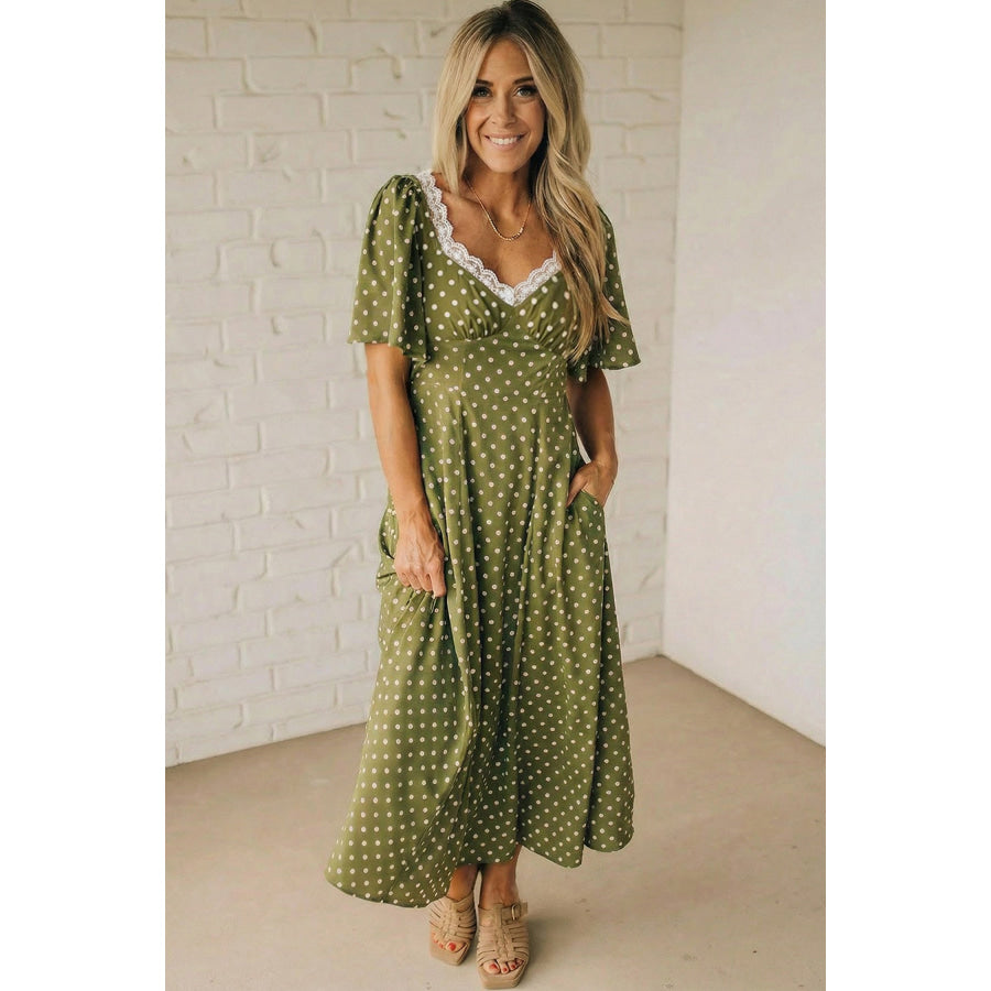 Green Polka Dot Print Lacy Neckline Smocked High Waist Maxi Dress Dresses/Maxi Dresses