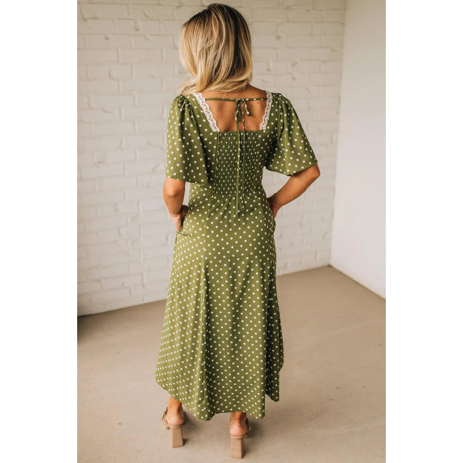 Green Polka Dot Print Lacy Neckline Smocked High Waist Maxi Dress Green / S / 100% Viscose Dresses/Maxi Dresses