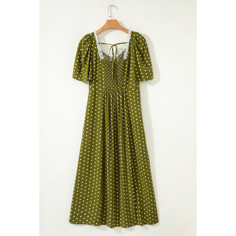 Green Polka Dot Print Lacy Neckline Smocked High Waist Maxi Dress Dresses/Maxi Dresses