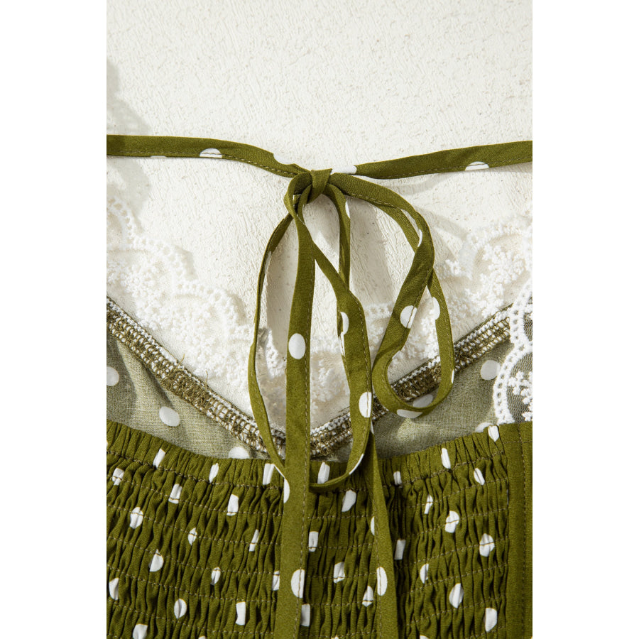 Green Polka Dot Print Lacy Neckline Smocked High Waist Maxi Dress Dresses/Maxi Dresses