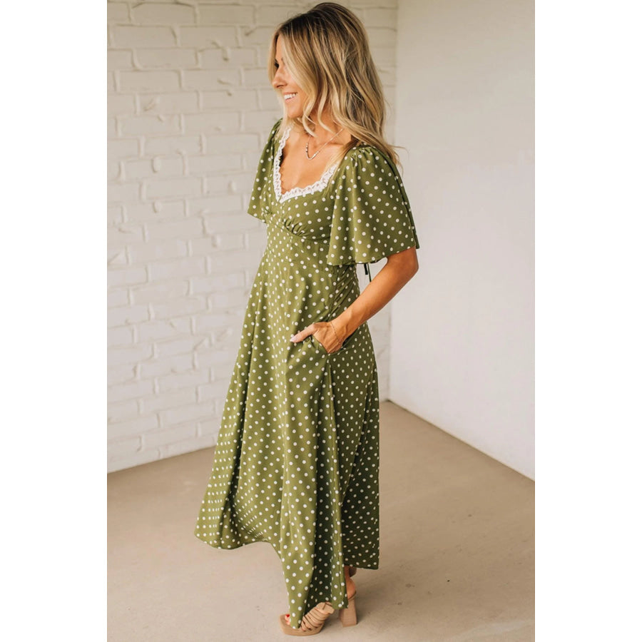 Green Polka Dot Print Lacy Neckline Smocked High Waist Maxi Dress Dresses/Maxi Dresses