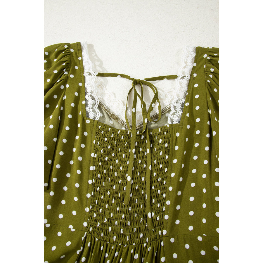 Green Polka Dot Print Lacy Neckline Smocked High Waist Maxi Dress Dresses/Maxi Dresses