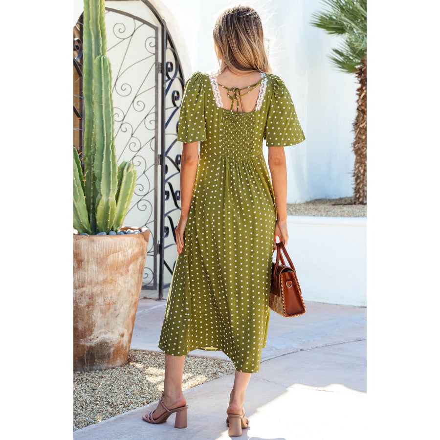 Green Polka Dot Print Lacy Neckline Smocked High Waist Maxi Dress Dresses/Maxi Dresses