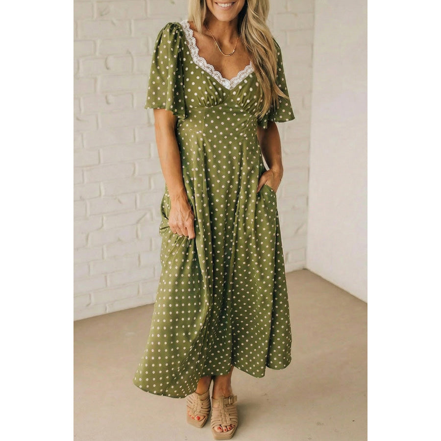 Green Polka Dot Print Lacy Neckline Smocked High Waist Maxi Dress Green / S / 100% Viscose Dresses/Maxi Dresses