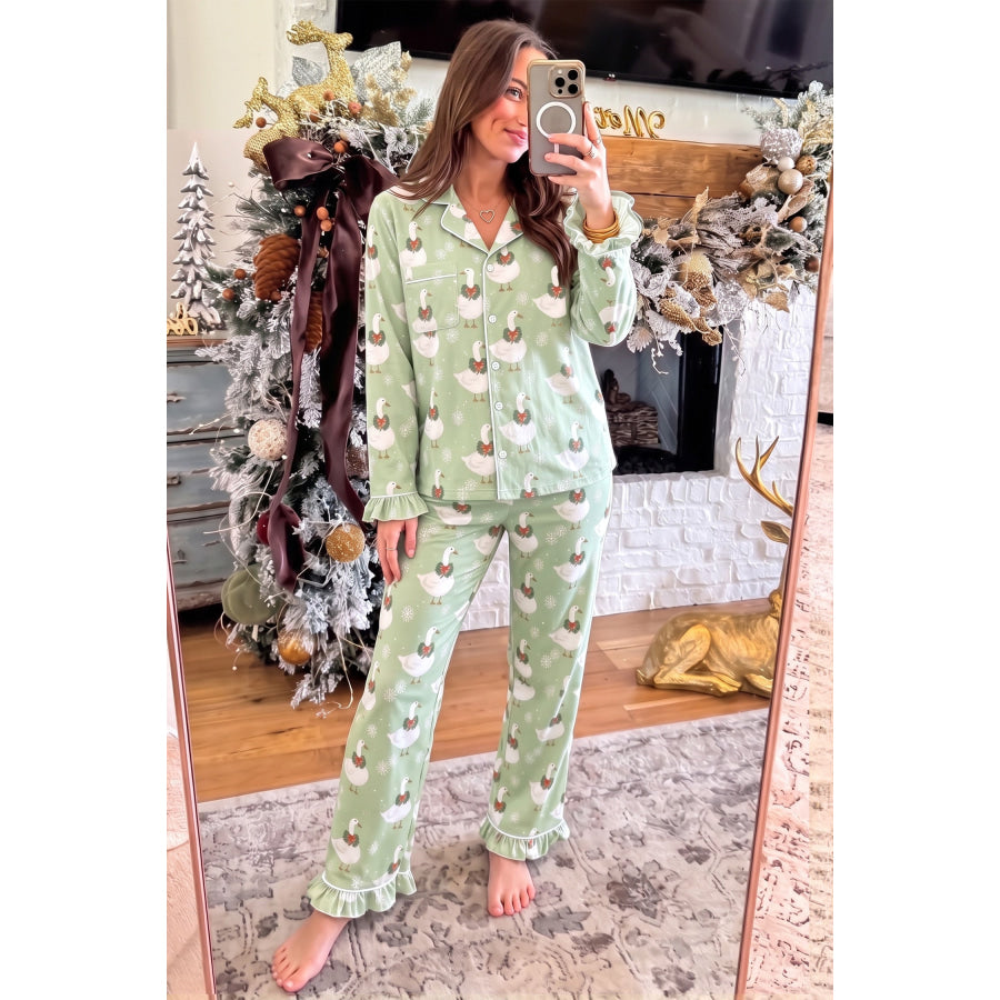 Green Snowflake Goose Print Ruffle Trim Long Sleeve Shirt Style Pajama Pants Set / S Loungewear & Sleepwear/Loungewear
