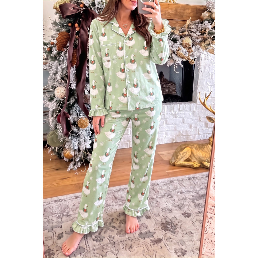Green Snowflake Goose Print Ruffle Trim Long Sleeve Shirt Style Pajama Pants Set / S Loungewear & Sleepwear/Loungewear