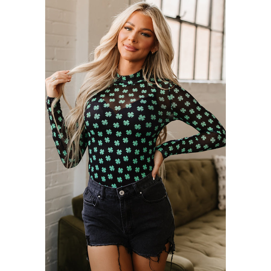 Green St Patrick Shamrock Printed Long Sleeve Mesh Bodysuit Tops/Bodysuits