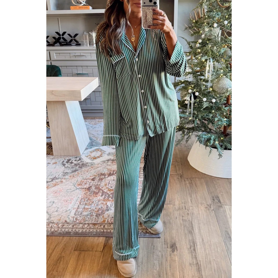 Green Stripe Chest Pocket Lapel Shirt Piping Trim Pajama Pant Set / S Loungewear & Sleepwear/Loungewear
