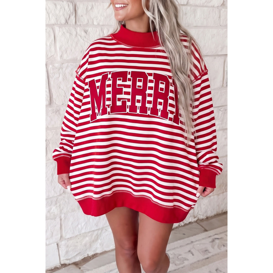 Green Stripe Christmas Slogan Embroidery Patched Mock Neck Oversized Sweatshirt Red / S / 95% Cotton + 5% Elastane Tops/Sweatshirts &