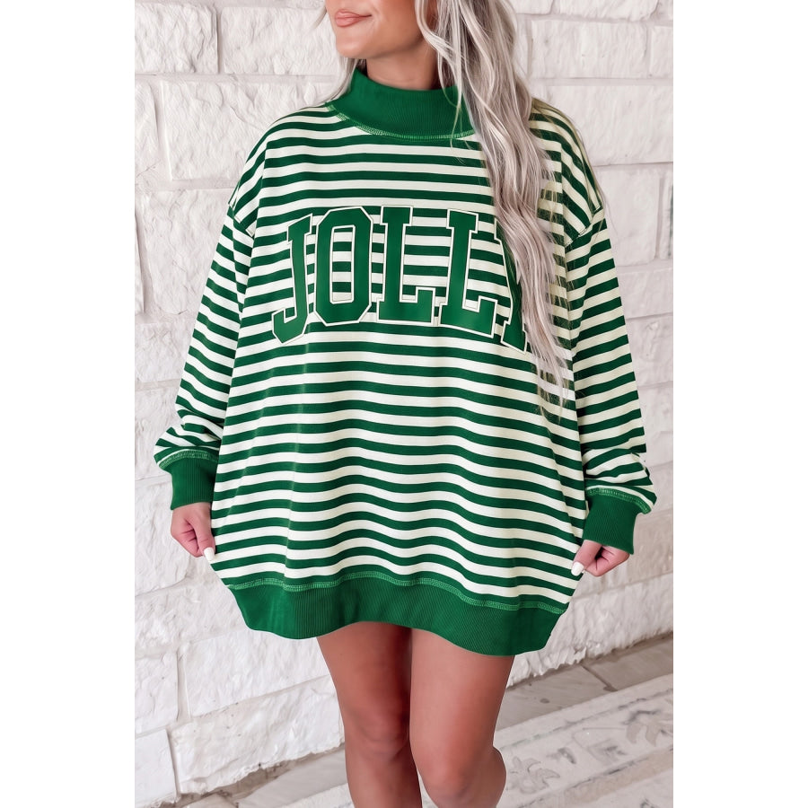 Green Stripe Christmas Slogan Embroidery Patched Mock Neck Oversized Sweatshirt / S / 95% Cotton + 5% Elastane Tops/Sweatshirts & Hoodies
