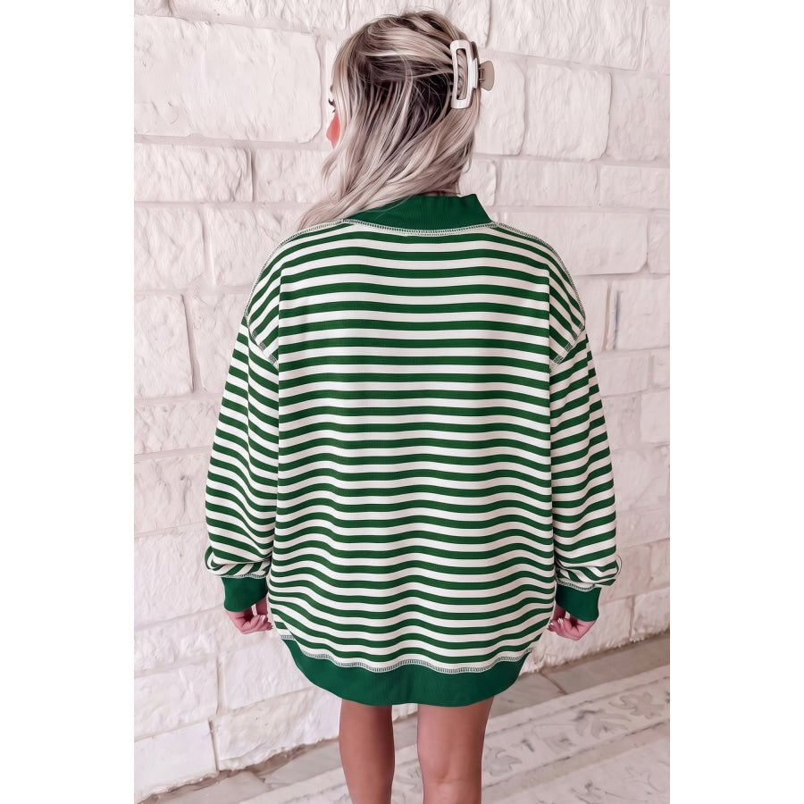Green Stripe Christmas Slogan Embroidery Patched Mock Neck Oversized Sweatshirt / S / 95% Cotton + 5% Elastane Tops/Sweatshirts & Hoodies