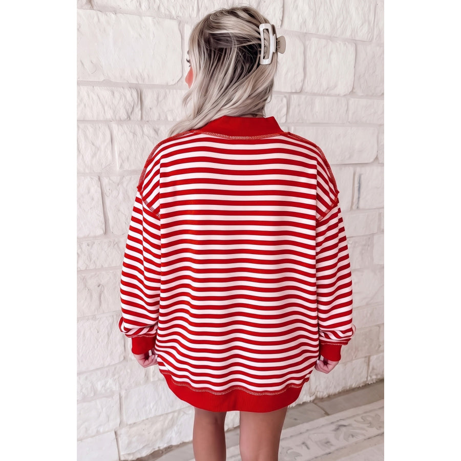Green Stripe Christmas Slogan Embroidery Patched Mock Neck Oversized Sweatshirt Tops/Sweatshirts & Hoodies