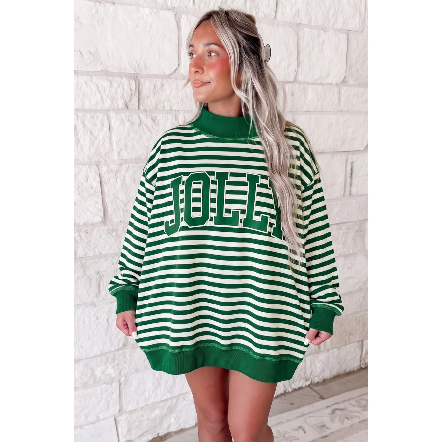 Green Stripe Christmas Slogan Embroidery Patched Mock Neck Oversized Sweatshirt Tops/Sweatshirts & Hoodies
