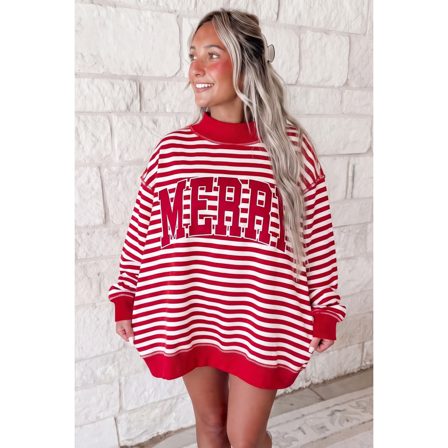Green Stripe Christmas Slogan Embroidery Patched Mock Neck Oversized Sweatshirt Tops/Sweatshirts & Hoodies