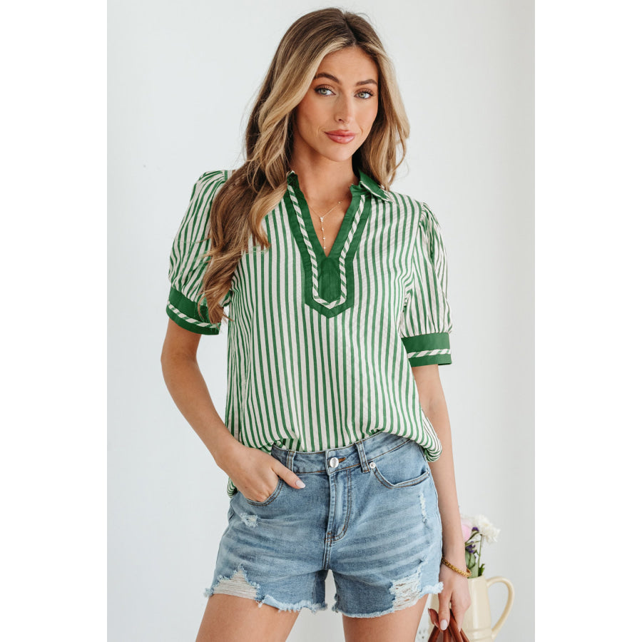 Green Stripe Collared Split Neck Short Bubble Sleeve Blouse Green Stripe / S / 50% Polyester + 50% Viscose Tops/Blouses & Shirts