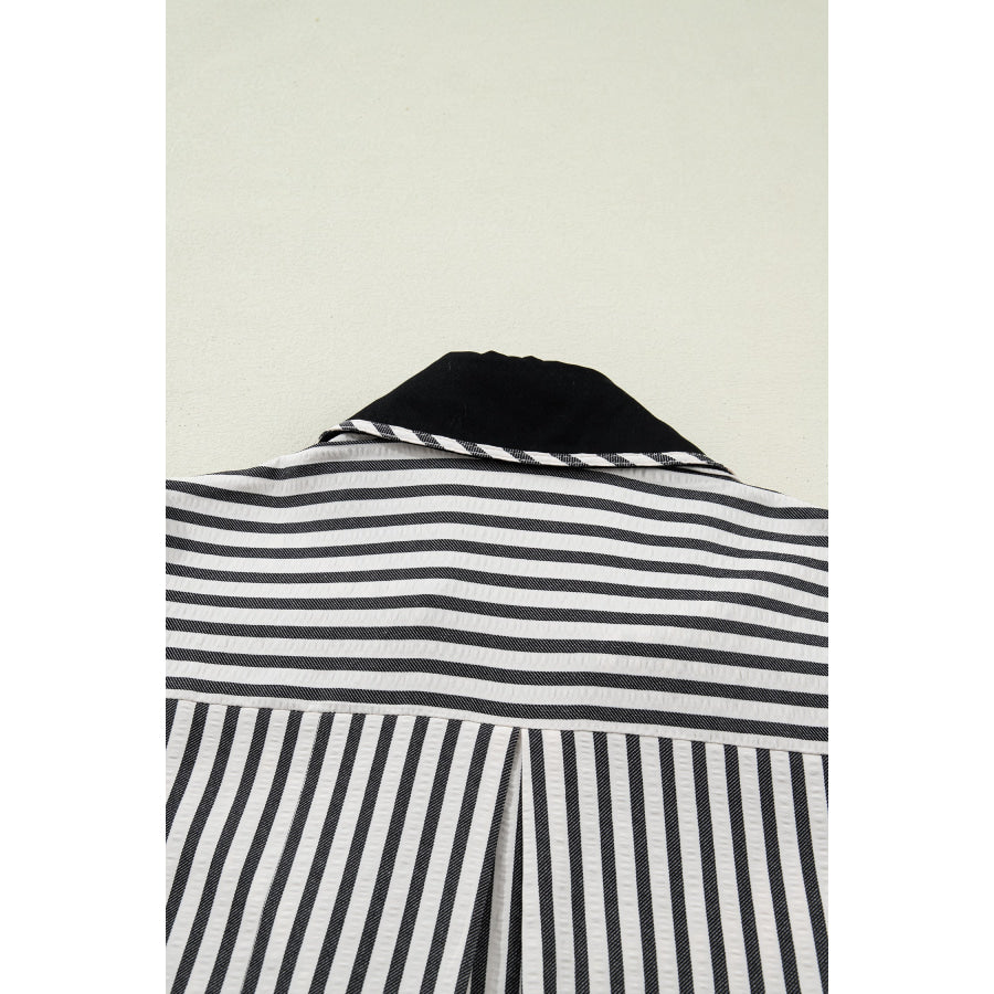 Green Stripe Collared Split Neck Short Bubble Sleeve Blouse Tops/Blouses & Shirts