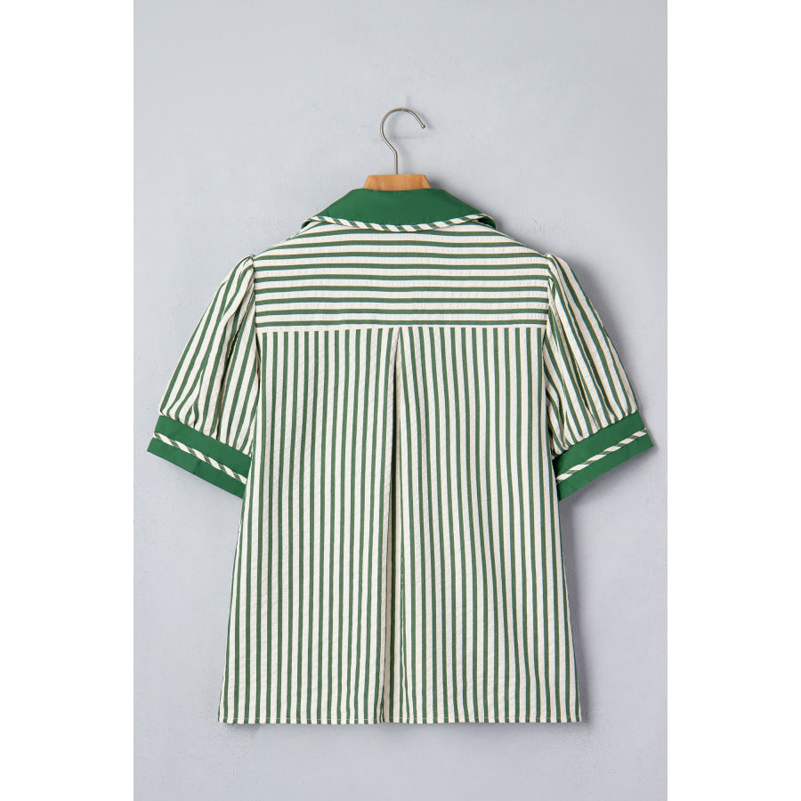 Green Stripe Collared Split Neck Short Bubble Sleeve Blouse Tops/Blouses & Shirts