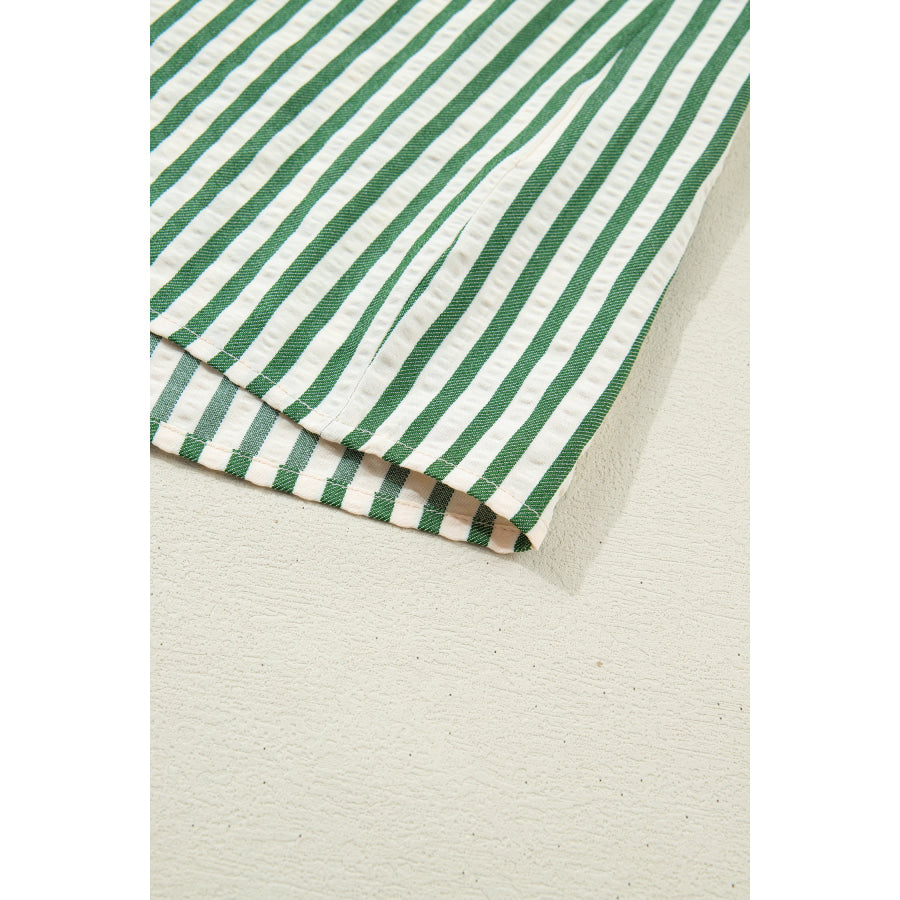 Green Stripe Collared Split Neck Short Bubble Sleeve Blouse Tops/Blouses & Shirts