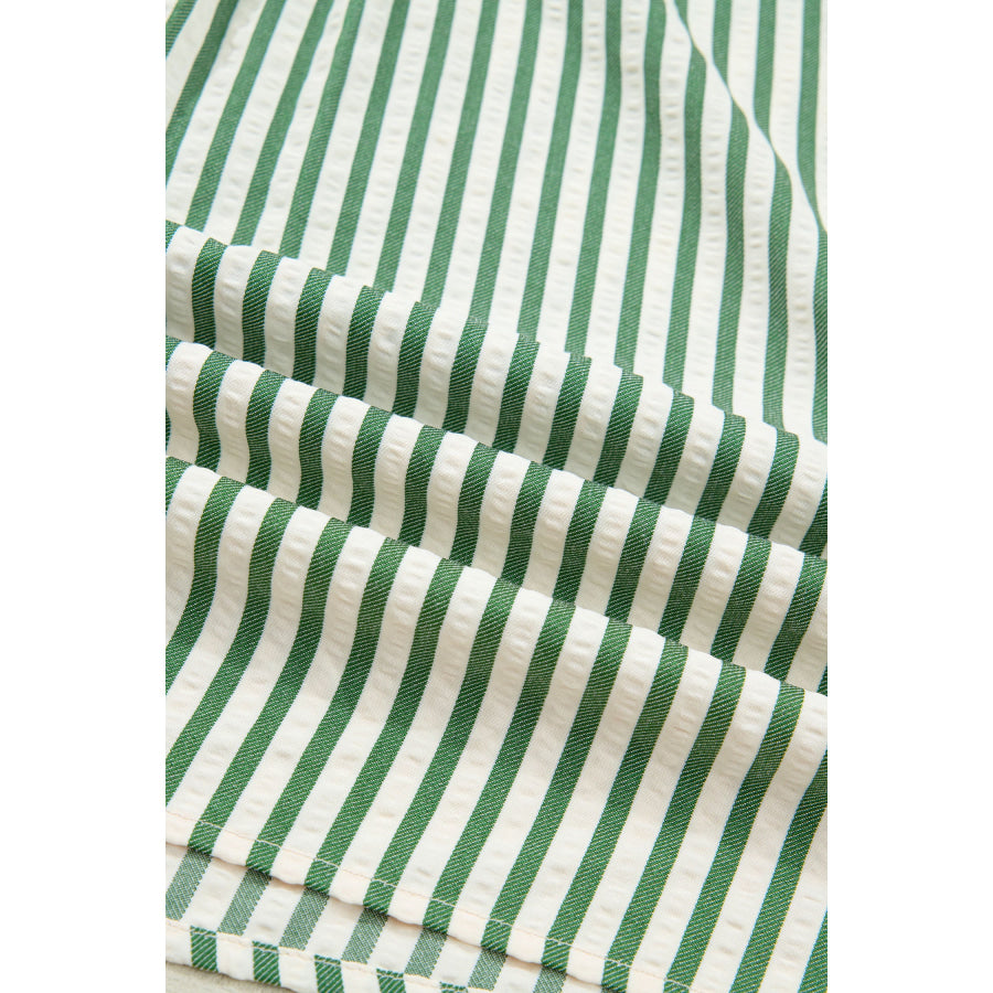 Green Stripe Collared Split Neck Short Bubble Sleeve Blouse Tops/Blouses & Shirts