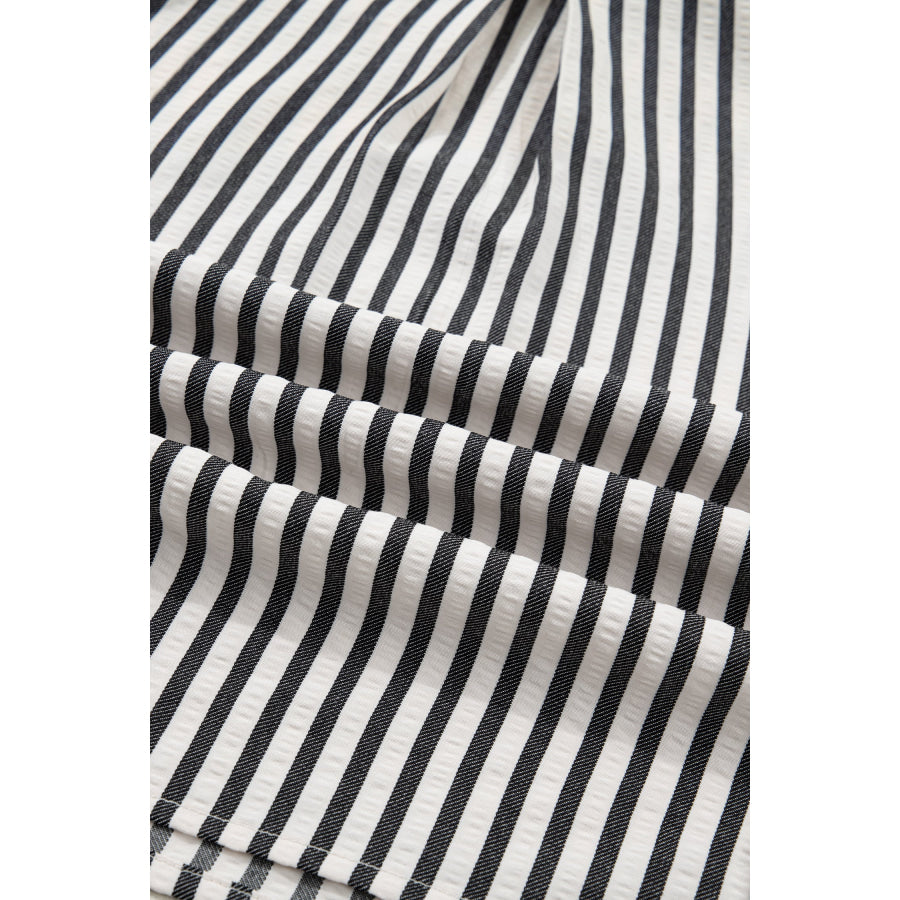 Green Stripe Collared Split Neck Short Bubble Sleeve Blouse Tops/Blouses & Shirts