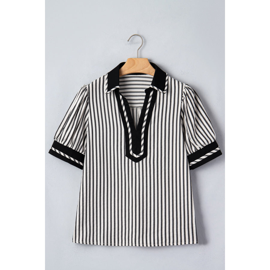 Green Stripe Collared Split Neck Short Bubble Sleeve Blouse Tops/Blouses & Shirts