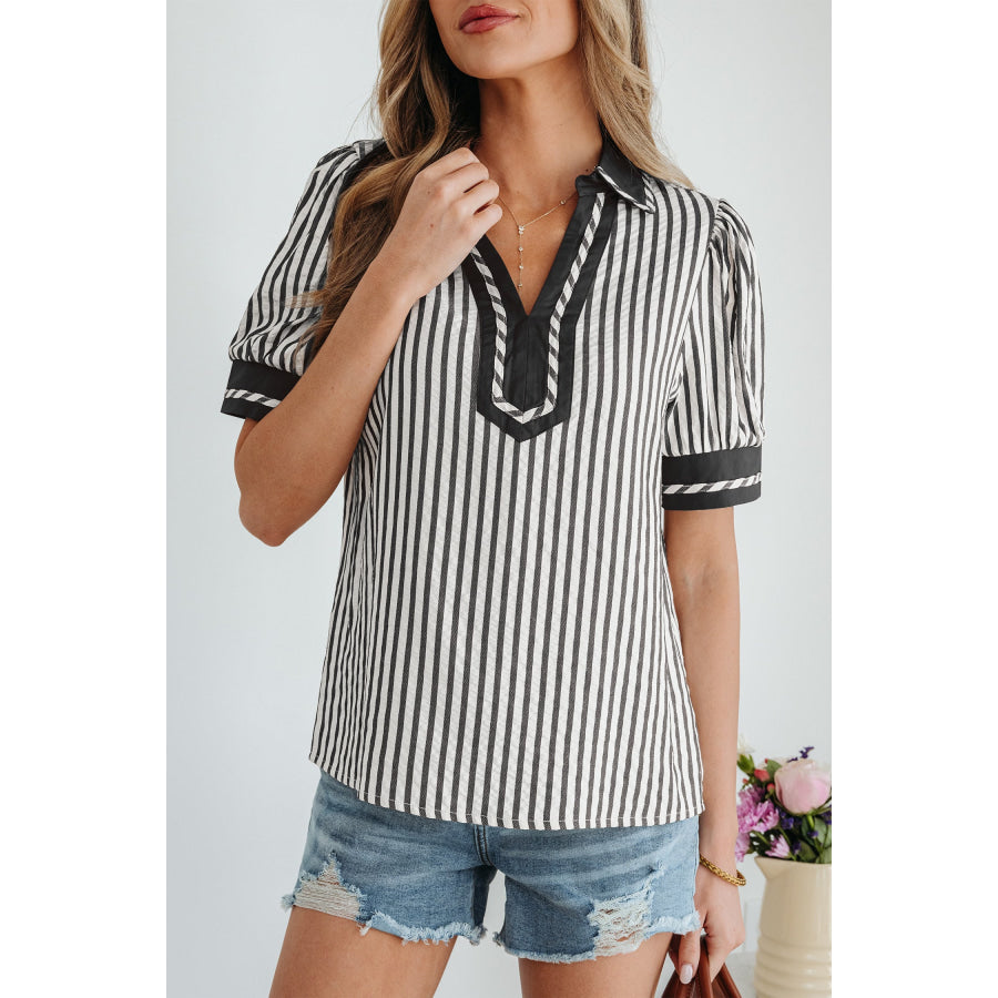 Green Stripe Collared Split Neck Short Bubble Sleeve Blouse Tops/Blouses & Shirts