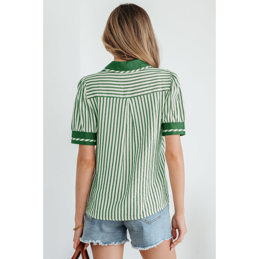 Green Stripe Collared Split Neck Short Bubble Sleeve Blouse Tops/Blouses & Shirts