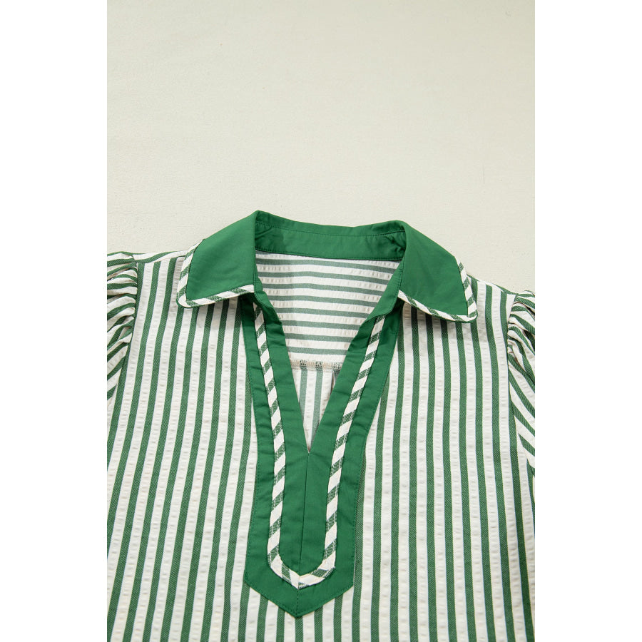 Green Stripe Collared Split Neck Short Bubble Sleeve Blouse Tops/Blouses & Shirts